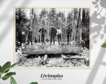 Historic Lumberjacks | Vintage Logging Scene | Black and White Forest Workers Image | Retro Logging Art – Framed Poster #22