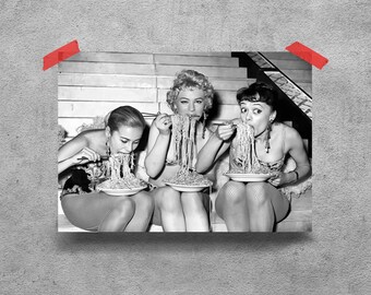 Vintage Hollywood Pasta Party | Glamour Girls Spaghetti Feast Print | Iconic Starlet Poster #135