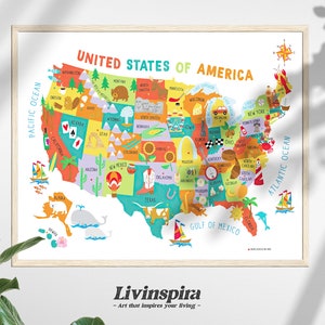 Dekorative Geographische USA Karte Poster der Zustand Unterschrift Merkmale & Symbole | US Landkarte für Kinderzimmer - Wanddekoration - Gerahmter Druck #96-2
