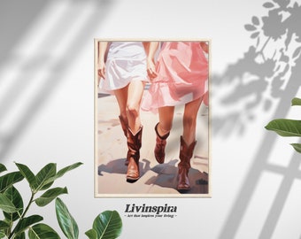 Girls in Cowgirl Boots Painting Print | Pastel Color Tone Retro Preppy Style Feminine Wall Oil Art Painting – Framed Print #38-2