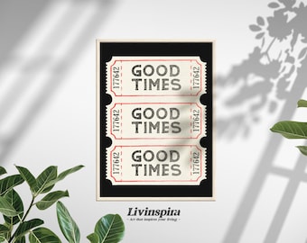 Puede incluir: Tres boletos de estilo vintage con el texto "GOOD TIMES" impreso en ellos. Los boletos están enmarcados en un marco de madera sobre un fondo negro.