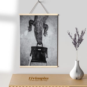 Alligator and Luxury Bag Print | Exquisite Black and White Poster | Unique Art Piece for Stylish Home Decor - Poster Hanger #84