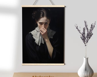 May include: A framed painting of a woman in a black dress with a white scarf covering her mouth and nose. She has dark hair and a worried expression on her face.