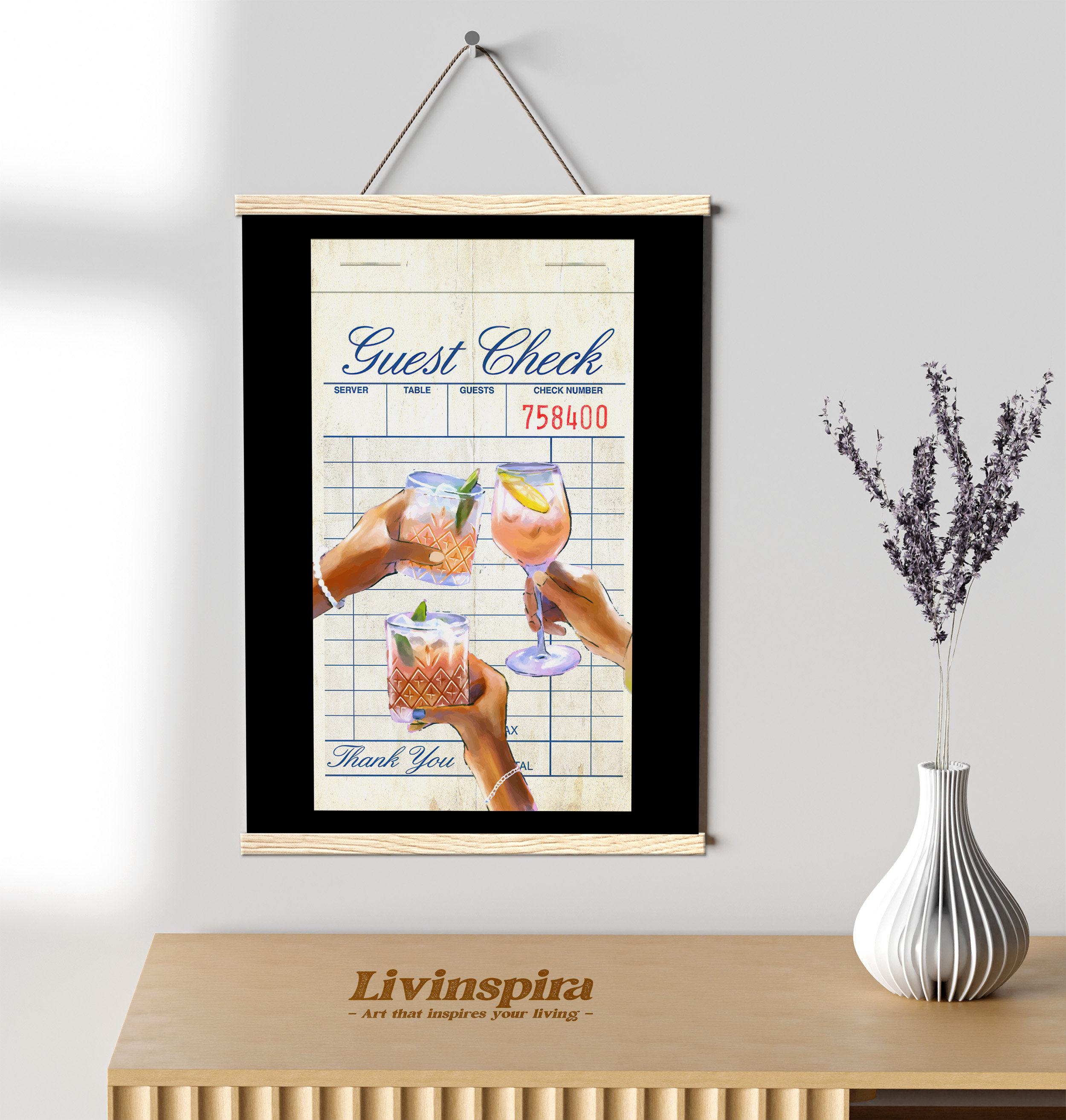 Vintage Guest Check Cheers Print Poster Hanger, Indie Aesthetic Alcohol ...