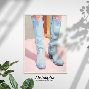 Retro Blue Cowgirl Boot Painting Poster | Preppy Style Cowgirl Aesthetic | Preppy Room Decor for Teens - Framed Print #42