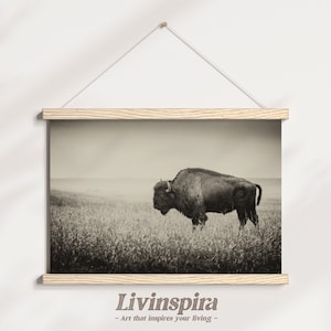 Vintage Bison in offenen Feldern Druck | Serene Rustikale Natur Ästhetische Wandkunst für Zuhause & im Büro Dekor - Posterleiste #117