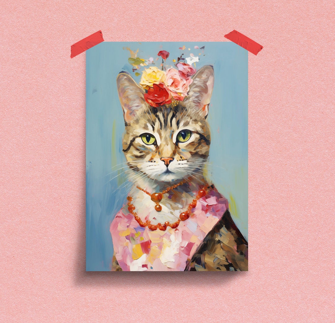 Regal Tabby Cat With Floral Crown Print Vintage Styled Animal Portrait