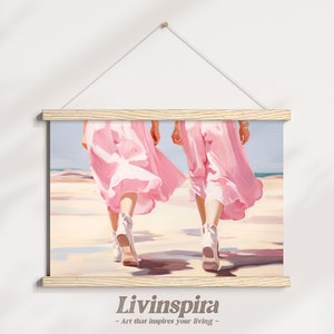Beach Walk in Pink Dresses | Dreamy Coastal Art | Feminine Pastel Artwork | Soft Sand Moments | Preppy Style Beach Decor – Poster Hanger #39
