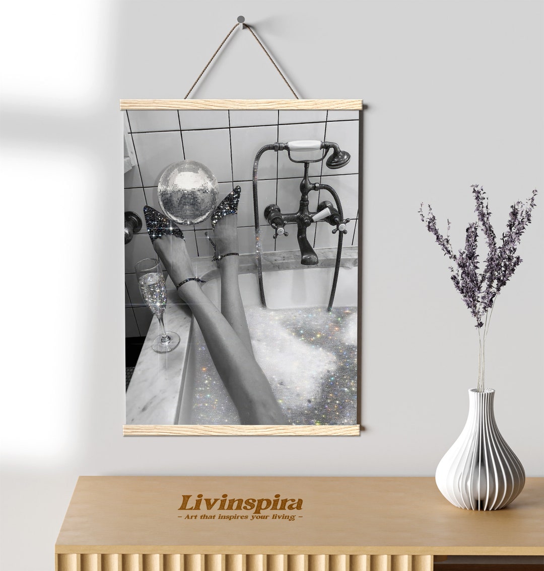 Glittery Bathtub With Disco Ball Poster | Bath Time Relaxation Print ...