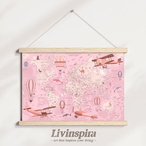 Póster educativo de mapa del mundo para niña / Globos aerostáticos y aviones para pared de guardería / Aventura de aprendizaje de animales para niños - Colgador de pósteres n.° 96-1