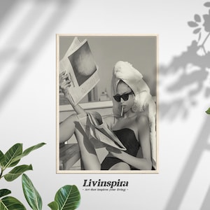 Elegant Woman Reading Newspaper WallPoster | Stylish Sunglasses | Feminist Inspired | Monochrome Art | Vintage Feel – Framed Poster #58