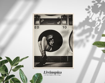 Woman Sipping Champagne in Washer Print Poster | Chic Laundry Room Decor in Black and White Photo - Framed Print #73
