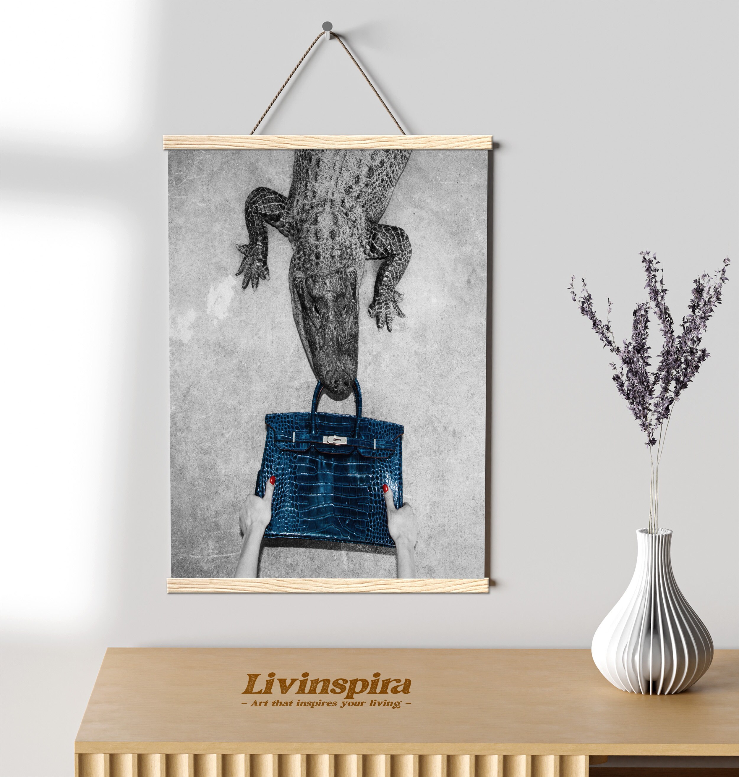 Authentic Alligator with Exquisite Leather Bag Print | True-to-Life Meets Luxury | Hand Detail with Red Nail Elegance – Poster Hanger #84-1