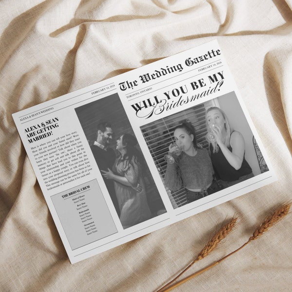 Bridesmaid Proposal Newspaper Template - Easy, Customizable and Printable, Unique Bridesmaid Proposal, DIY, Canva Newspaper Template