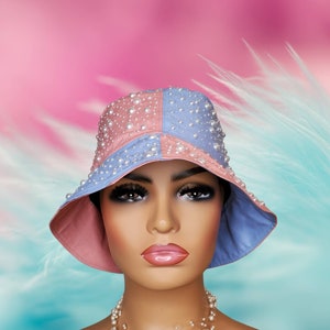 Handmade CUSTOM Gender Reveal Baby Shower Bucket Hat with Pearl Embellishments - Pink & Blue (More Colors Available)