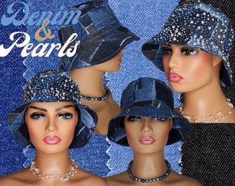 CUSTOM Cotton Denim Patchwork Bucket Hat with or without Pearl Embellishments