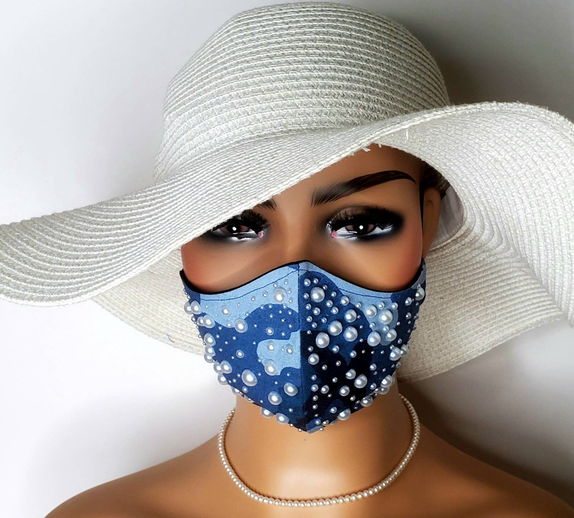 CUSTOM Blue Camouflage and Pearls Face Mask With Filter Pocket 3D and ...