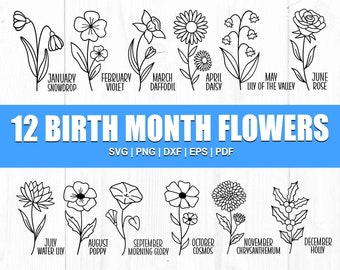 May include: A black and white illustration of 12 different flowers, each representing a different month of the year. The flowers are labeled with their corresponding month and name, such as January Snowdrop, February Violet, March Daffodil, April Daisy, May Lily of the Valley, June Rose, July Water Lily, August Poppy, September Morning Glory, October Cosmos, November Chrysanthemum, and December Holly. The text "12 Birth Month Flowers" is displayed at the top of the image, and the text "SVG | PNG | DXF | EPS | PDF" is displayed below the flowers.