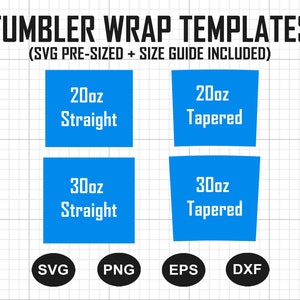 Puede incluir: Una descarga digital de cuatro plantillas SVG para envolturas de vasos. Las plantillas están predimensionadas para vasos de 20 oz y 30 oz, con diseños rectos y cónicos. Los tipos de archivos incluidos son SVG, PNG, EPS y DXF.
