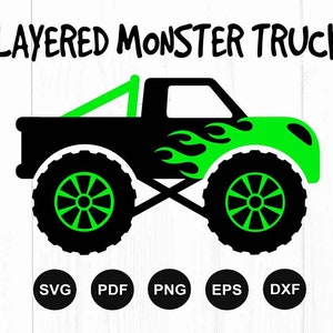 Monster Truck Svg, Svg Monster Truck en couches, fichiers Svg Monster Truck, Clipart Monster Truck, fichier de coupe pour Cricut, Silhouette, Png, Dxf