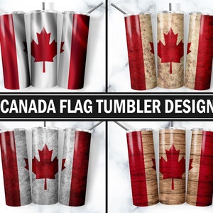 Könnte beinhalten: Vier verschiedene Designs für einen Becher mit der kanadischen Flagge. Die Designs umfassen eine klassische Flagge, eine abgenutzte Flagge, eine Holzmaserung und eine rot-weiß gestreifte Flagge.