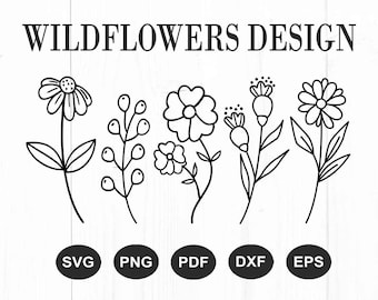 Wildflowers Svg, Floral Svg, Wild flower Svg, Leaf Svg, Flower Sketch Svg, Flower Svg, Field Plant Svg, Botanical Svg, Silhouette, Png, Dxf