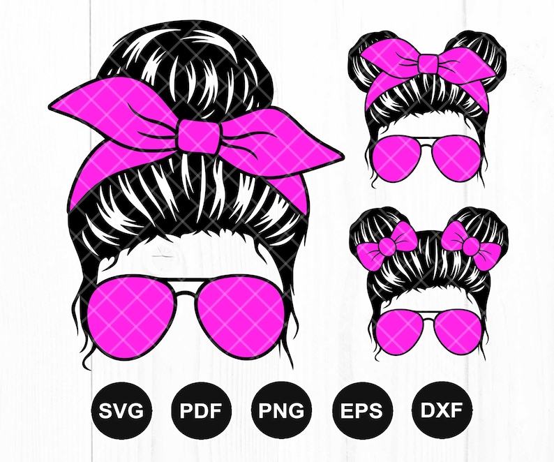 May include: Three digital cut files of women with different hairstyles. The women have black hair and are wearing pink sunglasses and pink headbands. The files are in SVG, PDF, PNG, EPS, and DXF formats.