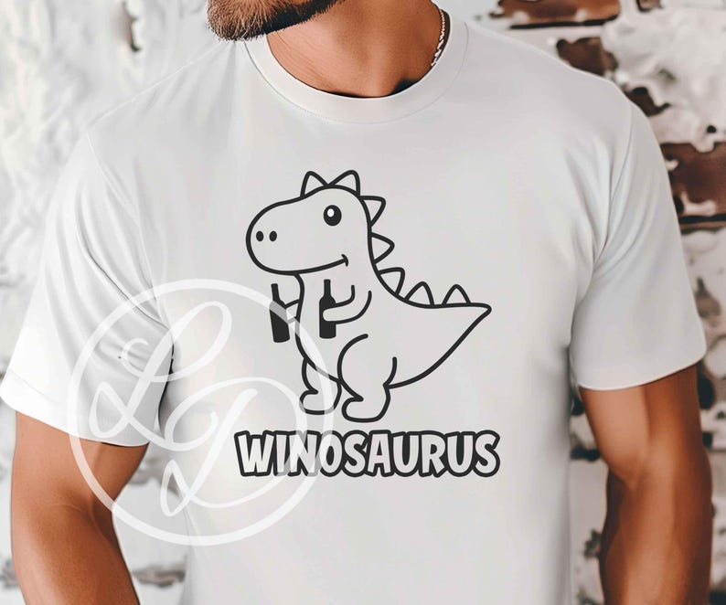 May include: White t-shirt with a black and white cartoon dinosaur holding two wine bottles. The text "Winosaurus" is printed below the dinosaur.