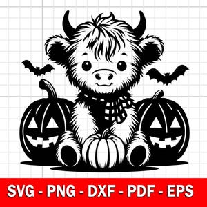 May include: Black and white illustration of a Highland cow wearing a plaid scarf and holding two jack-o'-lantern pumpkins.  Bats are flying above the cow.