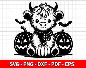 Svg mucca delle Highland di Halloween, Svg mucca delle Highland autunnali, Svg di Halloween occidentale, Svg zucca spettrale, file Svg per Cricut, sublimazione, Png, Dxf,