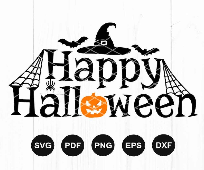 K&ouml;nnte beinhalten: Schwarz-orangenes Halloween-Design mit dem Text "Happy Halloween", einem Hexenhut, Flederm&auml;usen und Spinnweben.