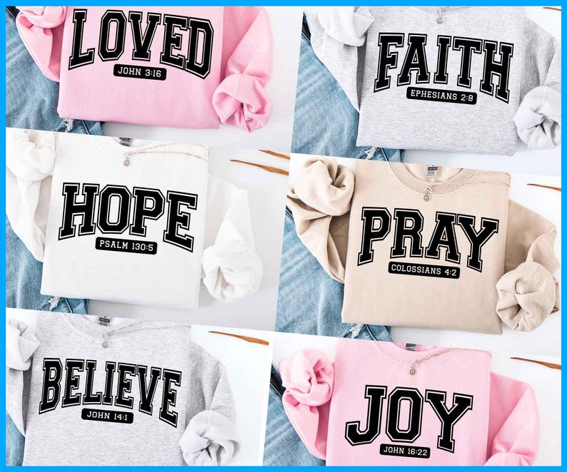 Puede incluir: Cinco sudaderas diferentes con varios mensajes religiosos impresos en ellas. Las sudaderas son de diferentes colores, incluyendo rosa, blanco, gris, beige y rosa claro. Los mensajes incluyen "Loved", "Faith", "Hope", "Pray" y "Joy". Cada mensaje est&aacute; impreso en letras negras con un contorno blanco. Las sudaderas son todas de estilo casual y ser&iacute;an perfectas para el uso diario.