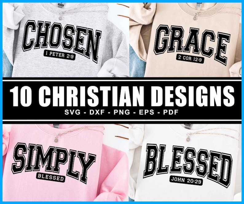 Puede incluir: Un conjunto de 10 dise&ntilde;os cristianos con frases inspiradoras como "Chosen", "Grace", "Simply Blessed" y "Blessed". Cada dise&ntilde;o incluye una referencia a un vers&iacute;culo b&iacute;blico y se presenta en una camiseta de color diferente.