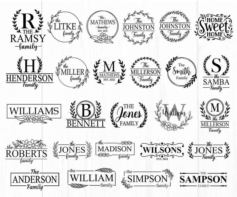 Pode incluir: Uma cole&ccedil;&atilde;o de 20 designs de nomes de fam&iacute;lia em preto e branco com v&aacute;rias fontes e elementos florais. Os designs incluem nomes como Ramsey, Henderson, Litke, Miller, Mathews, Johnston, Smith, Samba, Williams, Bennett, Jones, Wilson, Roberts, Anderson, William, Simpson e Sampson.