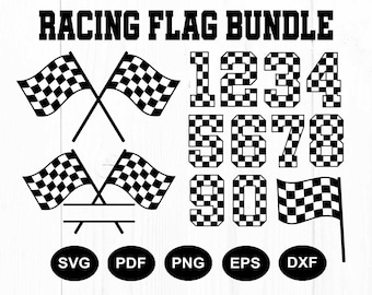 May include: A black and white racing flag bundle with the text "RACING FLAG BUNDLE". The image includes checkered flags, numbers 1-0, and file type icons: SVG, PDF, PNG, EPS, and DXF.
