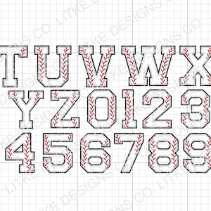 May include: White baseball-themed alphabet and number iron-on transfers with red stitching. The letters and numbers are in a vintage style font with a distressed look.