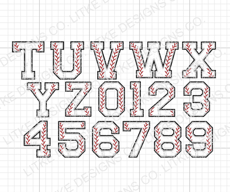 May include: White baseball-themed alphabet and number iron-on transfers with red stitching. The letters and numbers are in a vintage style font with a distressed look.