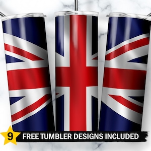 Könnte beinhalten: Drei Edelstahlbecher mit einem Union-Jack-Flaggenmuster. Die Becher sind weiß mit einem rot-weiß-blauen Flaggenmuster.