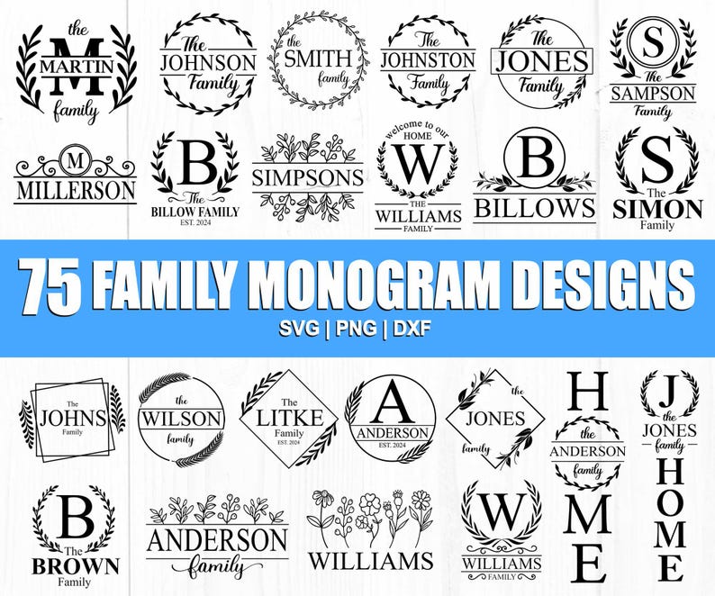 Pode incluir: 75 designs de monogramas familiares em preto e branco em v&aacute;rios estilos. Os designs apresentam uma letra, um nome de fam&iacute;lia e um elemento decorativo como uma coroa, um design floral ou uma forma geom&eacute;trica.