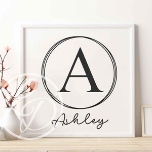 May include: A black and white printable wall art design featuring a large letter A in a circle with the name Ashley written below.