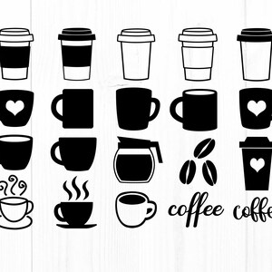 May include: A set of 20 black and white coffee cup and mug illustrations. The illustrations include various styles of coffee cups, mugs, and a coffee pot. The text "coffee" appears twice in the image.