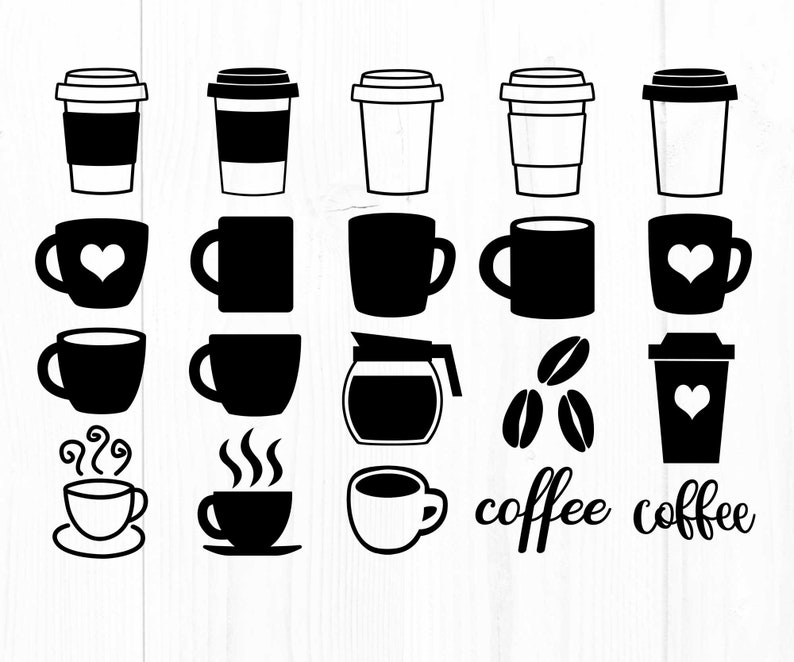 May include: A set of 20 black and white coffee cup and mug illustrations. The illustrations include various styles of coffee cups, mugs, and a coffee pot. The text "coffee" appears twice in the image.