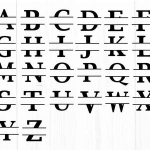 Pode incluir: Um conjunto de letras mai&uacute;sculas do alfabeto, cada letra &eacute; dividida ao meio com uma linha horizontal. As letras s&atilde;o pretas e est&atilde;o sobre um fundo branco.
