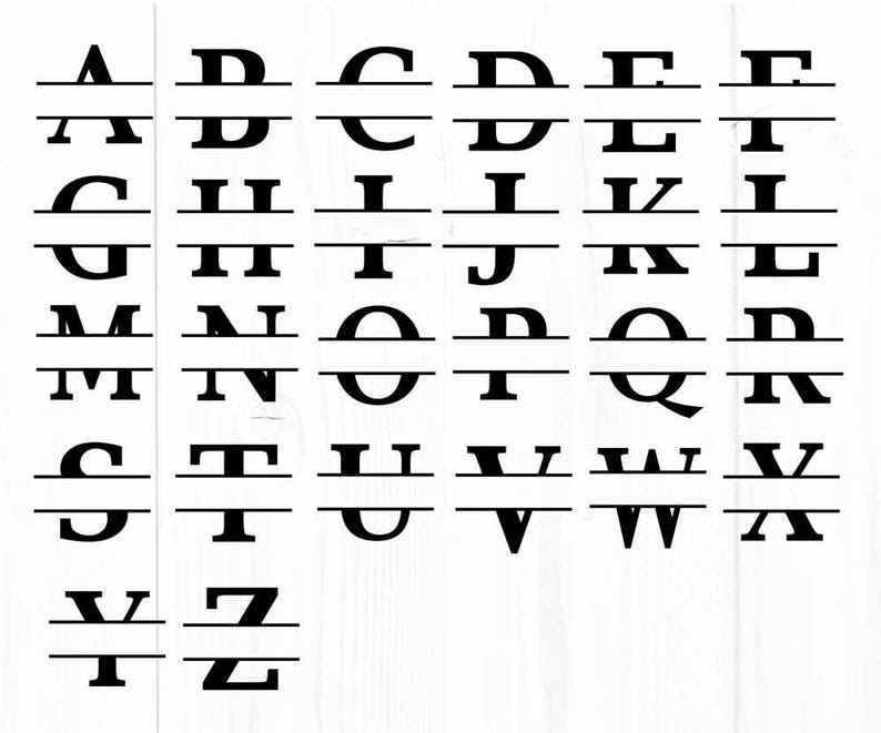 Pode incluir: Um conjunto de letras mai&uacute;sculas do alfabeto, cada letra &eacute; dividida ao meio com uma linha horizontal. As letras s&atilde;o pretas e est&atilde;o sobre um fundo branco.