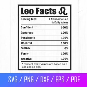 Leo Svg, Leo Nutrition Facts Svg, Leo Astrology Sign Svg, Leo Zodiac Sign Svg, Leo Horóscopo Svg, arquivo cortado para Cricut, Png, Dxf