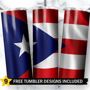 Puede incluir: Tres vasos de acero inoxidable con diferentes diseños que muestran la bandera de Puerto Rico. La bandera es roja, blanca y azul con una estrella azul en la esquina superior izquierda. Los vasos son un artículo popular para mostrar el orgullo nacional.
