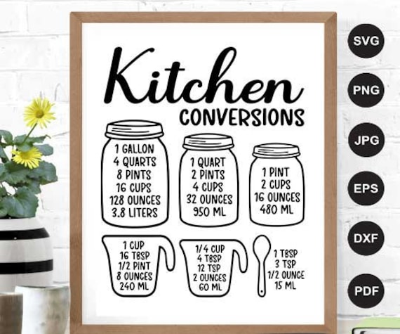 Kitchen Measurement Conversion Chart Svg, Kitchen Svg, Kitchen Decor, Kitchen Sign Svg, Printable Cheat Sheet, Cut File Cricut, Silhouette