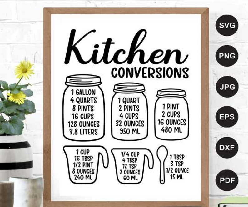 May include: Black and white printable kitchen conversion chart with the title "Kitchen Conversions". The chart includes measurements for gallons, quarts, pints, cups, ounces, and milliliters.