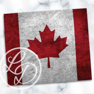May include: A red and white Canadian flag with a red maple leaf in the center. The flag has a distressed, vintage look.