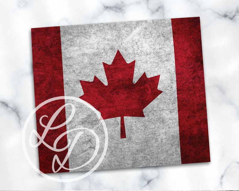 May include: A red and white Canadian flag with a red maple leaf in the center. The flag has a distressed, vintage look.